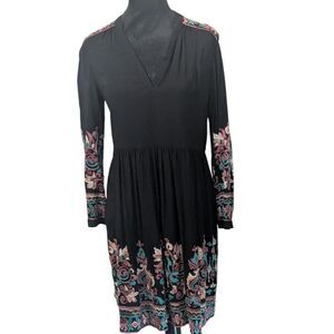 Anthropologie Embroidered Tunic Dress S Black Boho Luxe Floral Long Sleeve